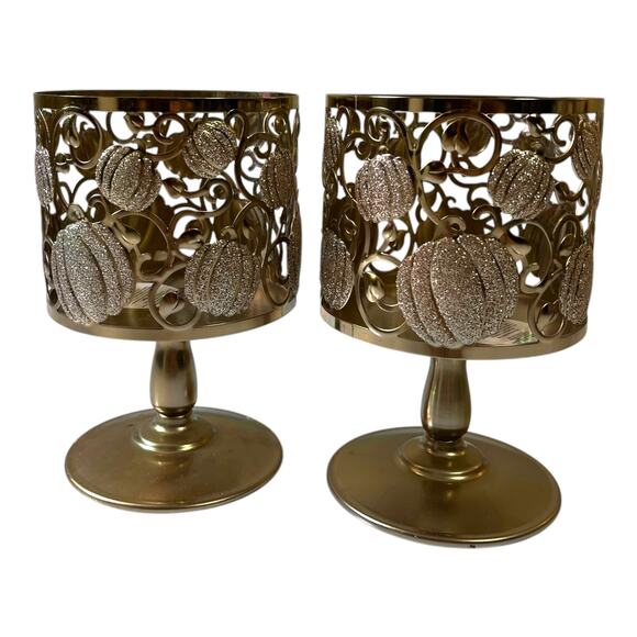SOLD Bath & Body Works Candle Holder (2) Gold Pedestal Glitter Pumpkins 3 Wick - Picture 2 of 5